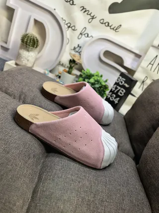 Adidas Pink White Perforated Upper Cork Footbed Slippers