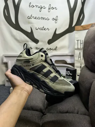 Adidas Black Army Green Sole Layered Suede And Mesh Upper Chunky Sneakers