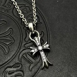 Chrome Hearts Silver Black Gothic Cross Pavé Crystal Necklace
