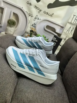 Adidas White Blue Lightweight Racing Silhouette Dot-Patterned Striped Overlays Running Shoes