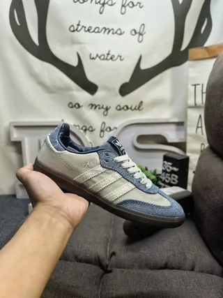 Adidas Beige Blue Denim-Textile Upper Three-Stripe Side Panel Lifestyle Sneakers