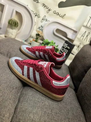 Adidas Red Silver Rhinestone-Embellished Upper Three-Stripe Side Panel Lifestyle Sneakers