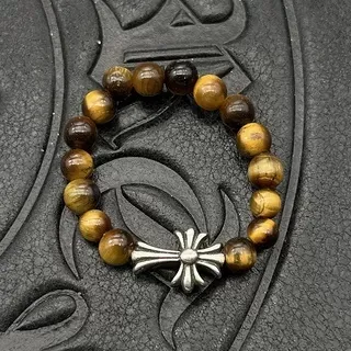 Chrome Hearts Cross Bead Bracelet Brown Silver Beaded Tiger's Eye Stone Bracelet