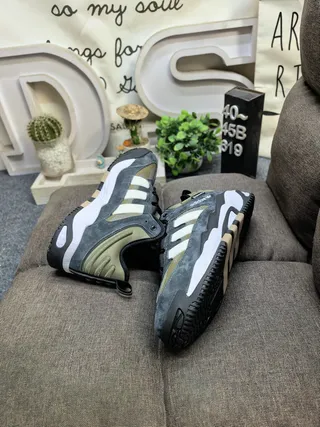 Adidas Black Army Green Sole Layered Suede And Mesh Upper Chunky Sneakers