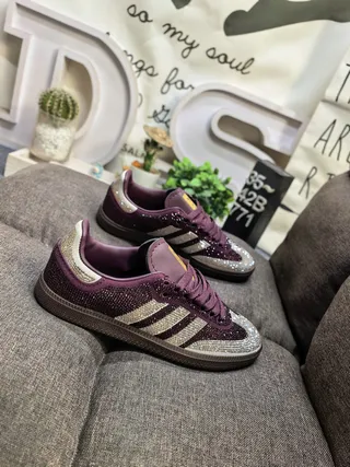 Adidas Purple Gold Glitter-Embellished Stripes Cupsole Construction Sneakers