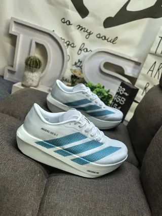 Adidas White Blue Lightweight Racing Silhouette Dot-Patterned Striped Overlays Running Shoes