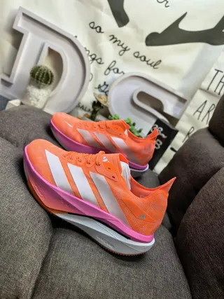 Adidas Orange Pink Lightweight Mesh Upper Three-Stripe Branding Running Shoes