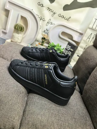Adidas Superstar Black Gold Shell-Toe Perforated Three Stripes Lifestyle Sneakers