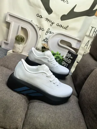 Adidas White Blue Mesh Upper Black Platform Sole Chunky Sneakers