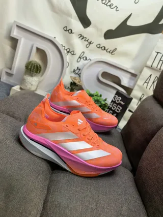 Adidas Orange Pink Lightweight Mesh Upper Three-Stripe Branding Running Shoes