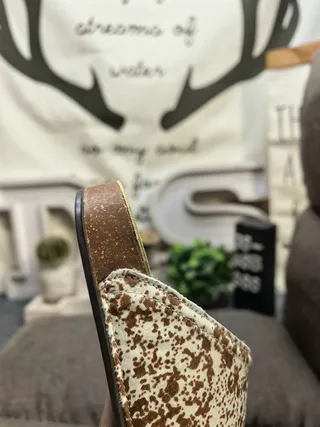 White Brown Speckled Cow-Print Upper Cork Sole Slippers