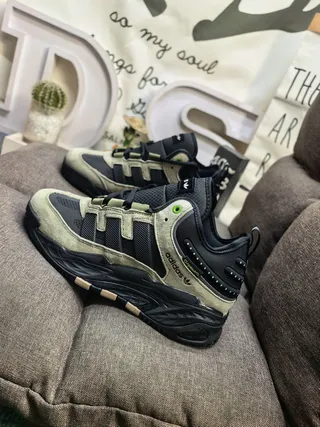 Adidas Army Green Black Layered Midsole Padded Collar Chunky Sneakers