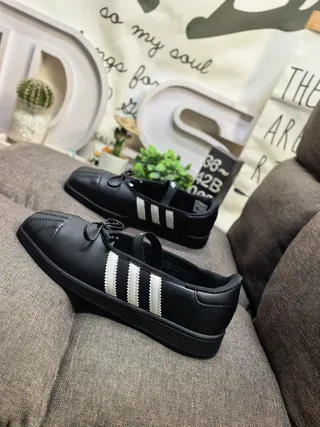 Adidas Black White Leather-Like Upper Three Stripes Mary Jane Shoes