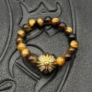 Chrome Hearts Cross Bead Bracelet Brown Silver Beaded Tiger's Eye Stone Bracelet