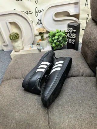 Adidas Black White Leather-Like Upper Three Stripes Mary Jane Shoes