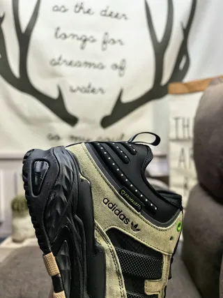 Adidas Black Army Green Sole Layered Suede And Mesh Upper Chunky Sneakers