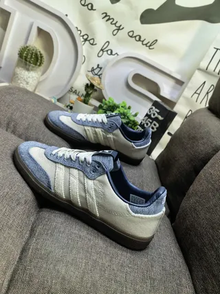 Adidas Beige Blue Denim-Textile Upper Three-Stripe Side Panel Lifestyle Sneakers