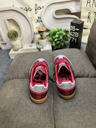 Adidas Red Silver Rhinestone-Embellished Upper Three-Stripe Side Panel Lifestyle Sneakers