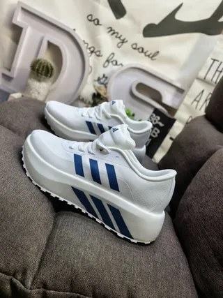 Adidas White Blue Mesh Upper Black Platform Sole Chunky Sneakers