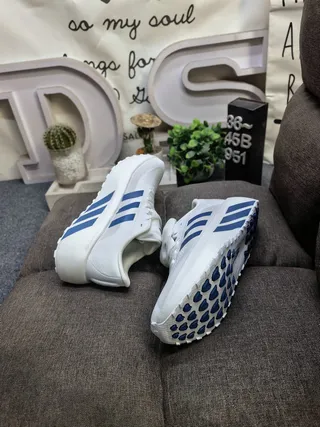 Adidas White Blue Mesh Upper Black Platform Sole Chunky Sneakers
