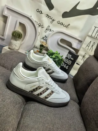 Adidas White Brown Low-Top Leopard-Print Stripes Lifestyle Sneakers