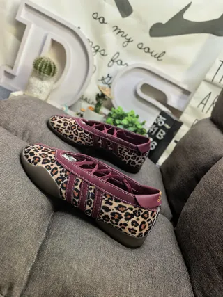 Adidas Multicolor Pink Leopard-Print Canvas Upper Maroon Three-Stripe Side Panel Ballet Flat