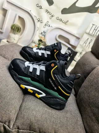 Adidas Black Army Green Sole Layered Suede And Mesh Upper Chunky Sneakers