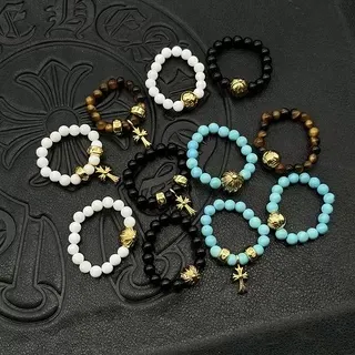Chrome Hearts Cross Bead Bracelet Brown Silver Beaded Tiger's Eye Stone Bracelet