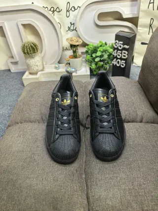 Adidas Superstar Black Gold Shell-Toe Perforated Three Stripes Lifestyle Sneakers