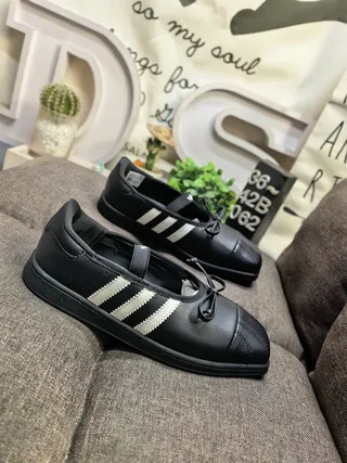 Adidas Black White Leather-Like Upper Three Stripes Mary Jane Shoes