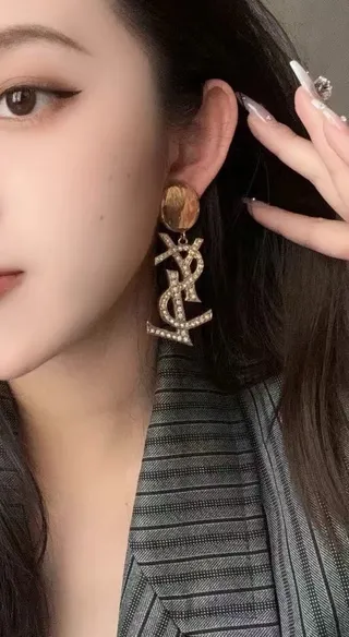 Saint Laurent YSL Monogram Pavé Crystal Gold Dangling Earrings