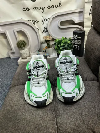 Adidas White Green Sole Mesh And Synthetic Overlays Chunky Sneakers