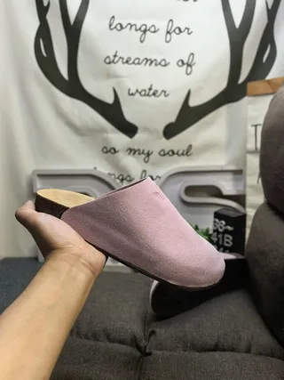 Dusty Pink Suede Cork Sole Slip-On Slippers
