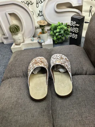 White Brown Speckled Cow-Print Upper Cork Sole Slippers