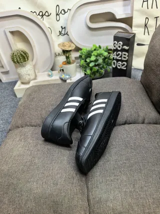 Adidas Black White Leather-Like Upper Three Stripes Mary Jane Shoes
