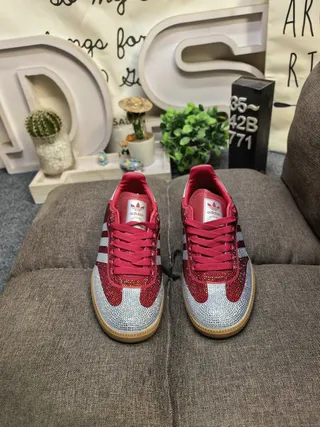Adidas Red Silver Rhinestone-Embellished Upper Three-Stripe Side Panel Lifestyle Sneakers