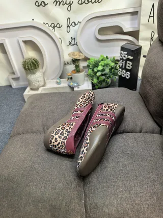 Adidas Multicolor Pink Leopard-Print Canvas Upper Maroon Three-Stripe Side Panel Ballet Flat