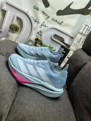 Adidas Blue Pink Lightweight Knit Upper Three-Stripe Side Panel Running Shoes