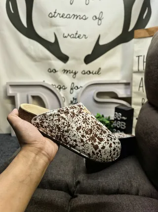 White Brown Speckled Cow-Print Upper Cork Sole Slippers
