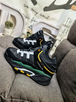 Adidas Army Green Black Layered Midsole Padded Collar Chunky Sneakers
