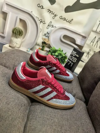 Adidas Red Silver Rhinestone-Embellished Upper Three-Stripe Side Panel Lifestyle Sneakers