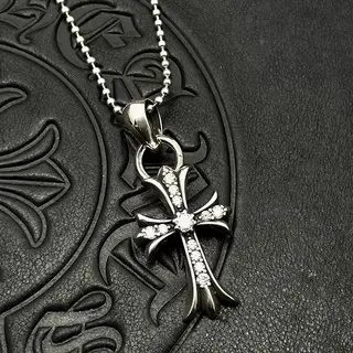 Chrome Hearts Silver Black Gothic Cross Pavé Crystal Necklace