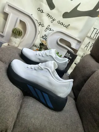 Adidas White Blue Mesh Upper Black Platform Sole Chunky Sneakers