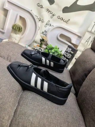 Adidas Black White Leather-Like Upper Three Stripes Mary Jane Shoes