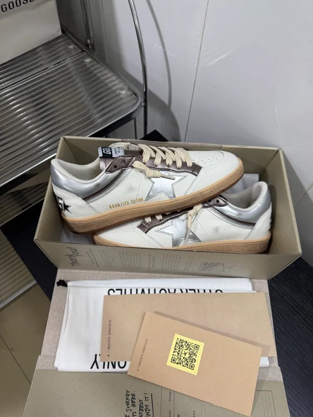 Golden Goose Beige Silver Star Logo Side Panel Perforated Toe Lifestyle Sneakers