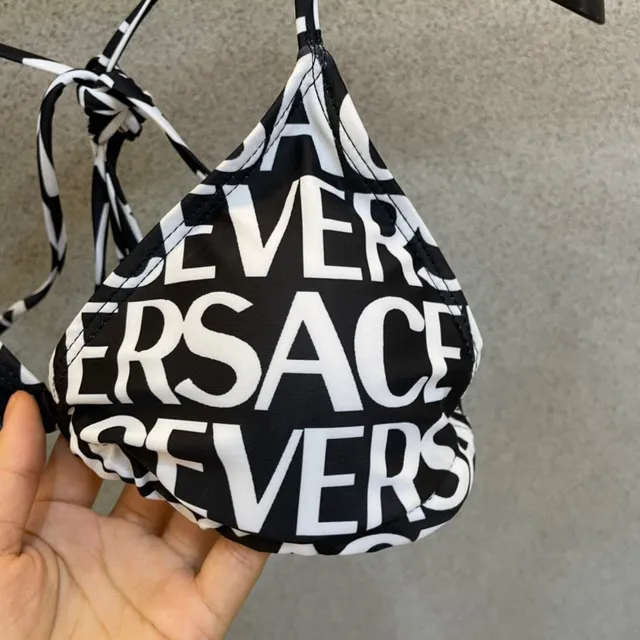 Versace Logo Print Black White Halter Triangle Top Swimwear