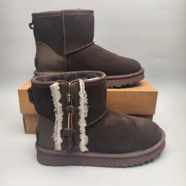 UGG Brown White Suede Upper Shearling-Lined Snow Boots