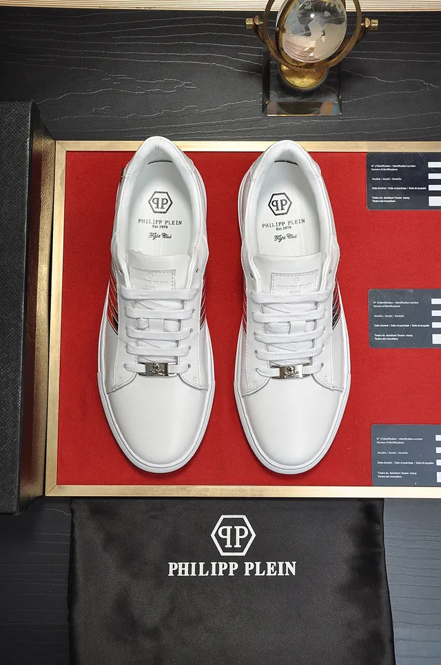 Philipp Plein White Silver Leather Upper Metallic Snakeskin Stripes Sneakers