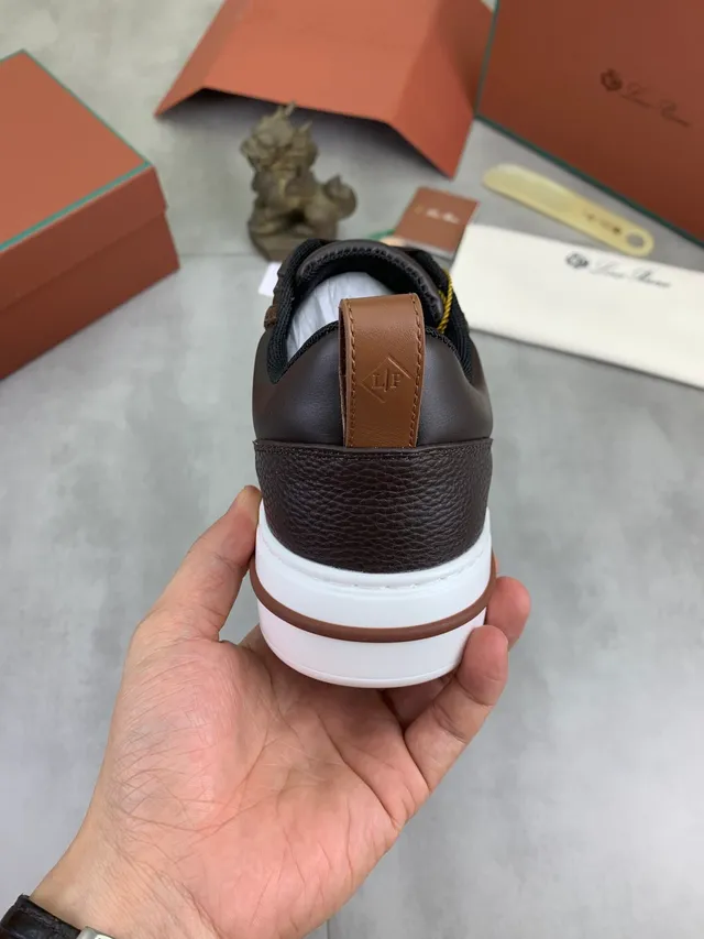Loro Piana Brown Beige Leather-and-Suede Upper Perforated Toe Cap Lifestyle Sneakers
