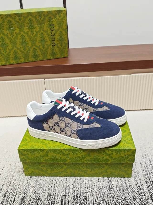 Gucci Screener Navy Suede and GG Canvas Lifestyle Sneakers
